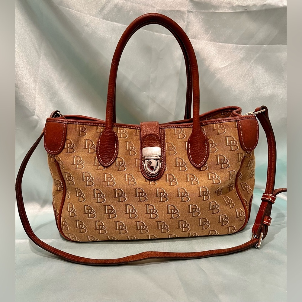 Dooney & Bourke Brown Monogram Satchel with Dark Brown Leather Trim